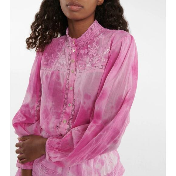 LoveShackFancy Ronda Embroidered Tie Dye Full Zip Blouse Pink Women's Size M - Picture 1 of 11
